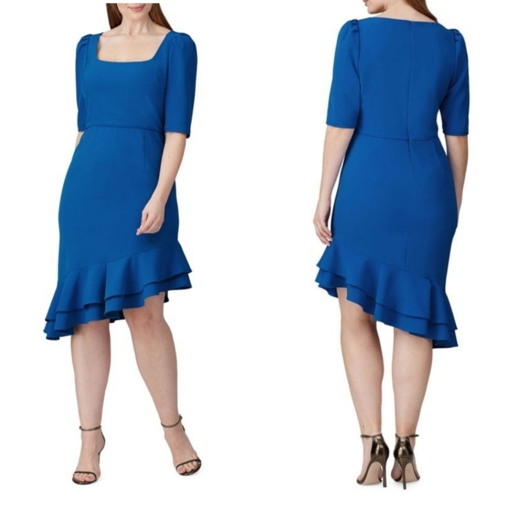 Black Halo Royal Blue Square-Neck Ruffle Hem Dress